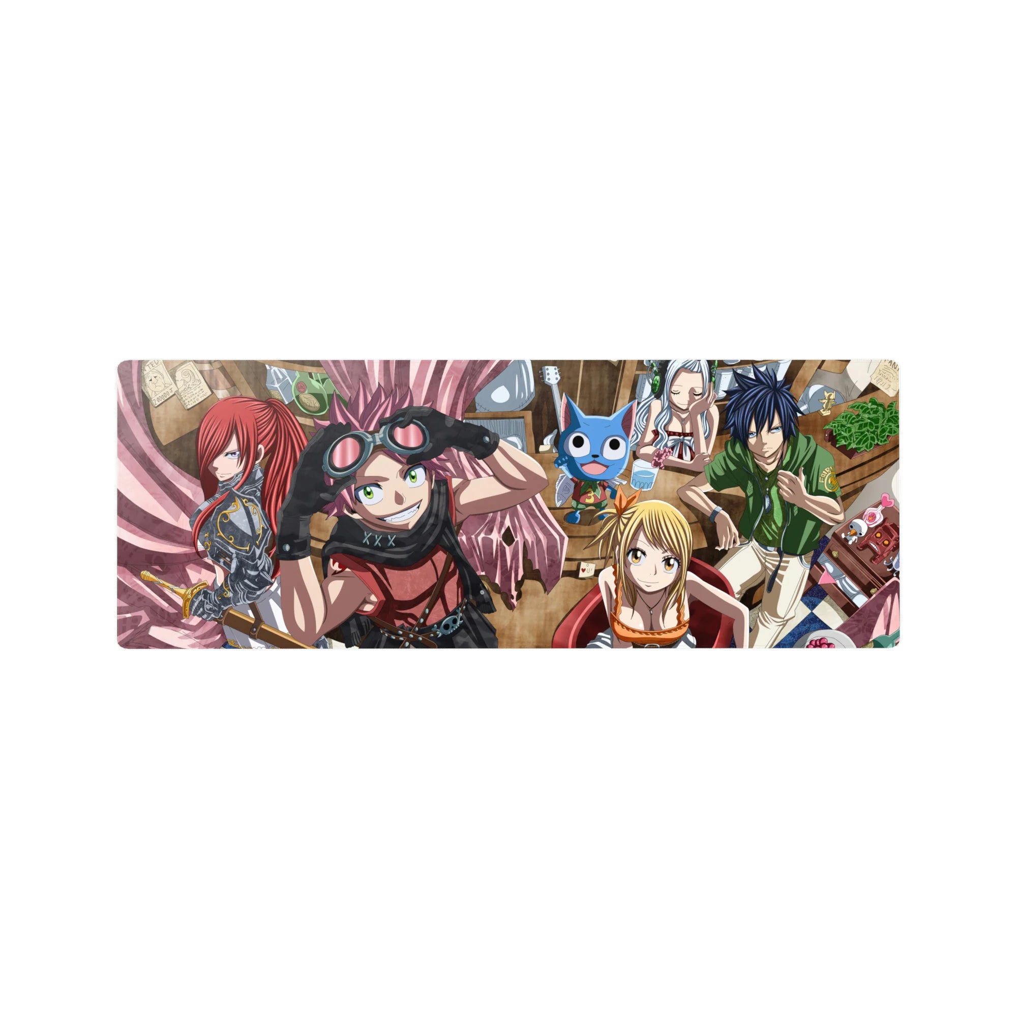 Fairy Tail anime mouse pad 32x12 inches featuring Natsu, Lucy, Gray, Erza and Happy in a café desk scene.