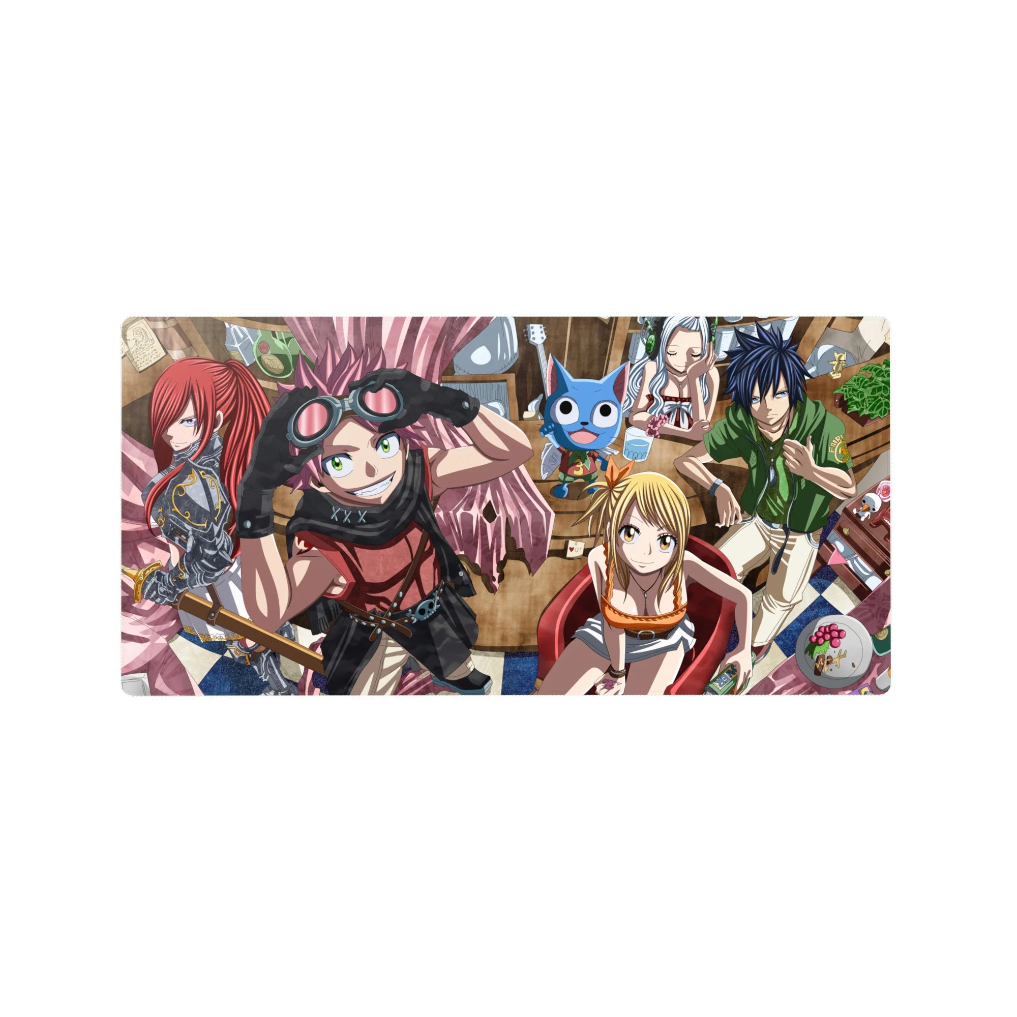 Fairy Tail anime mouse pad 32x16 inches with Natsu, Lucy, Gray, Erza, and Happy in a cozy café scene.