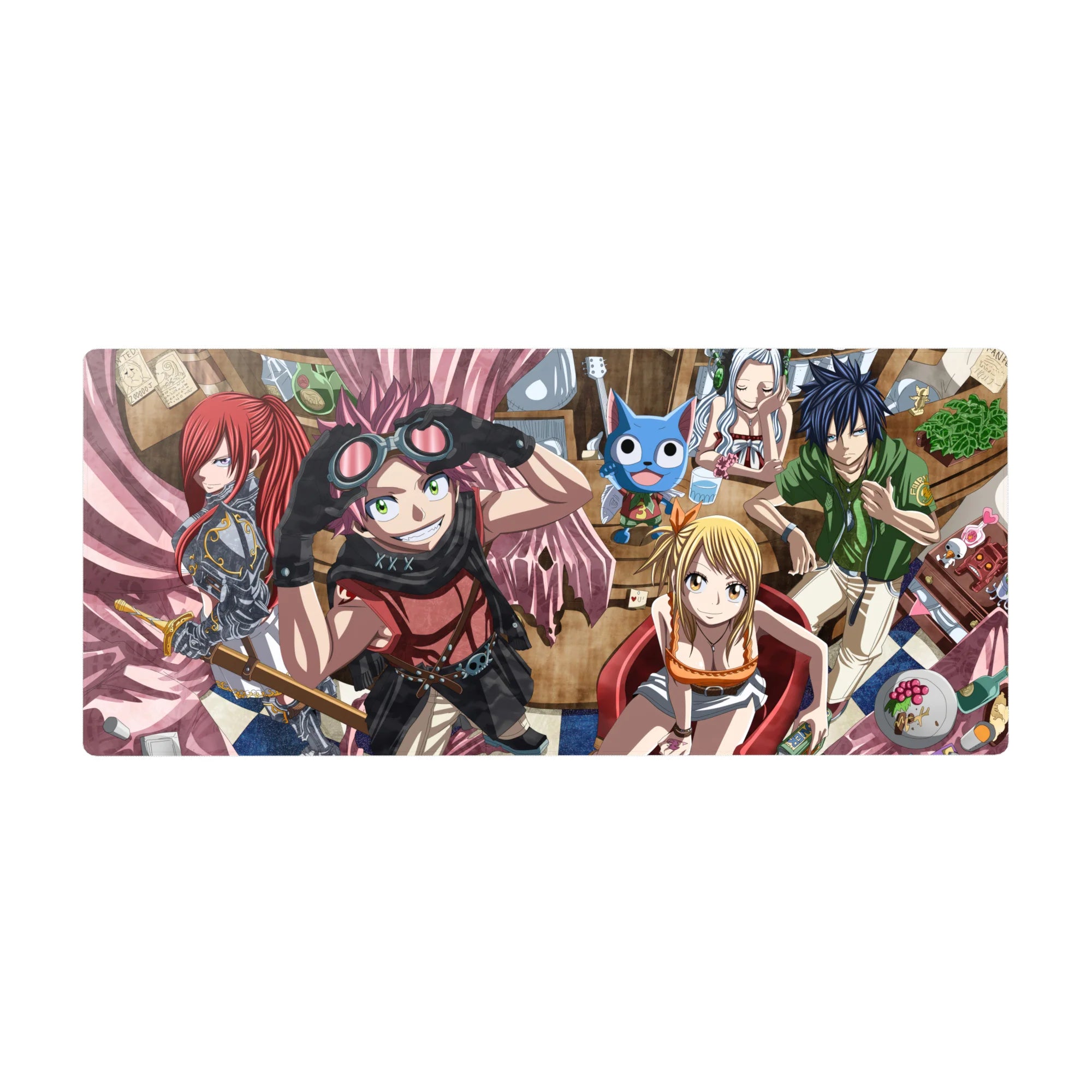 Fairy Tail crew café scene desk pad, Natsu Lucy Gray Erza and Happy, 36x16 inches.