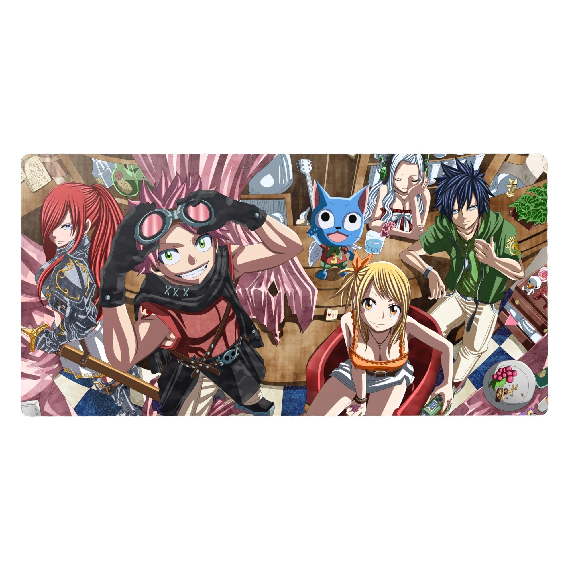 Fairy Tail anime desk pad 40x20 inches with Natsu, Lucy, Gray, Erza, and Happy in a cozy cafe scene.
