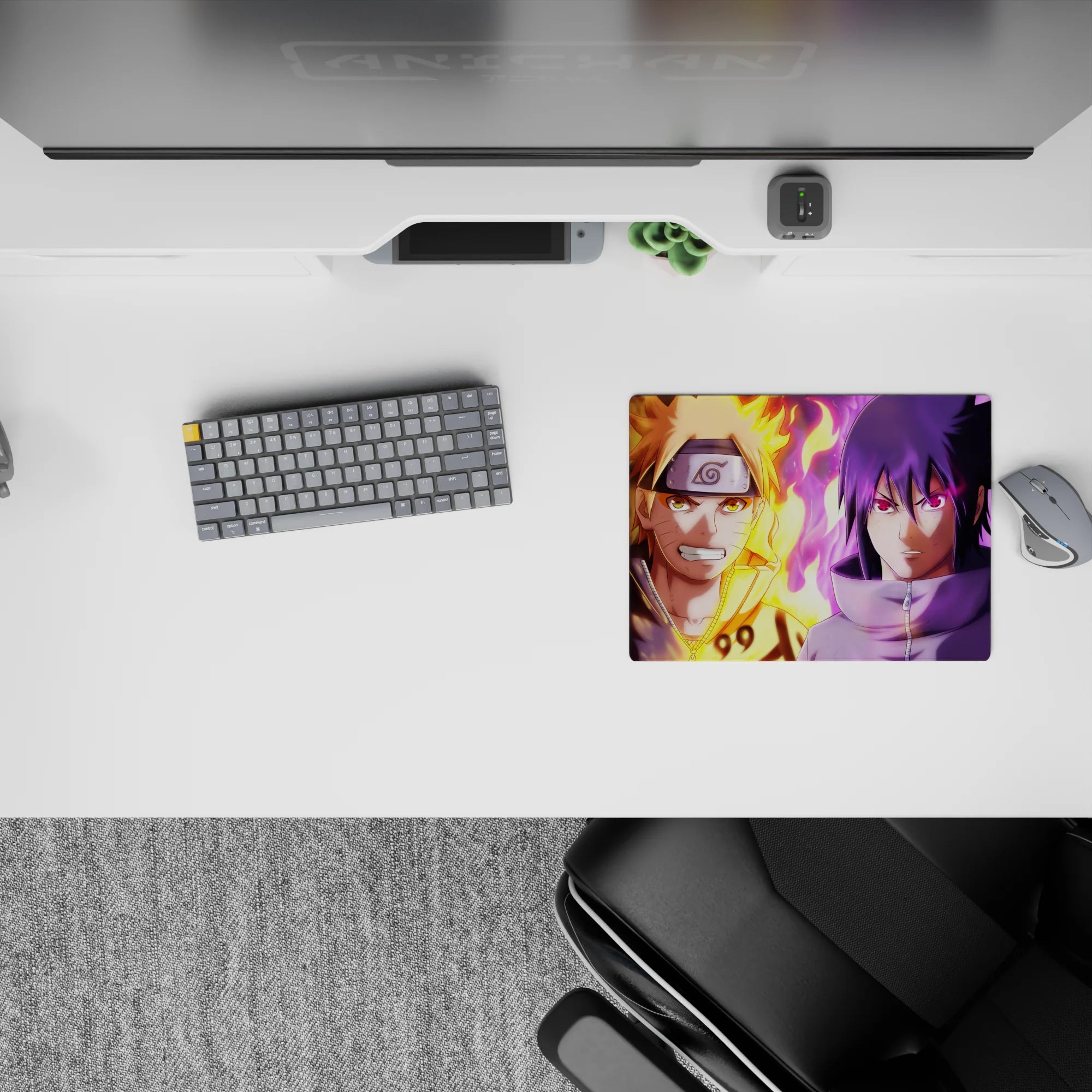 14x10 inches classic anime mouse pad in fiery orange vs purple energy, bold yet calm mood for gamers.