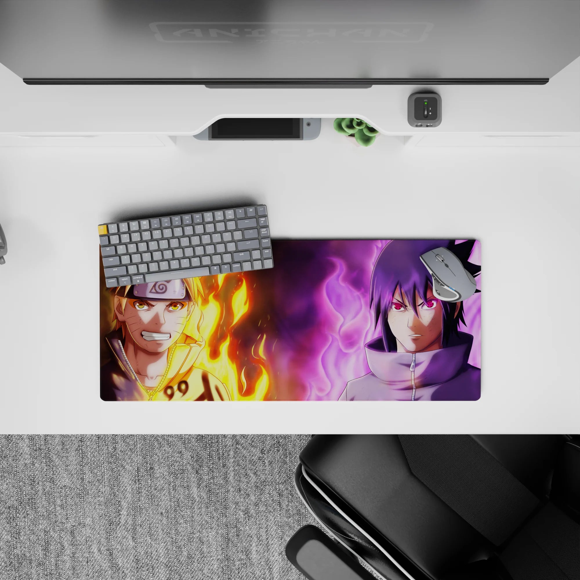 28x12 inches anime mouse pad with fiery orange vs cool purple aura, balanced calm-and-spark vibe.