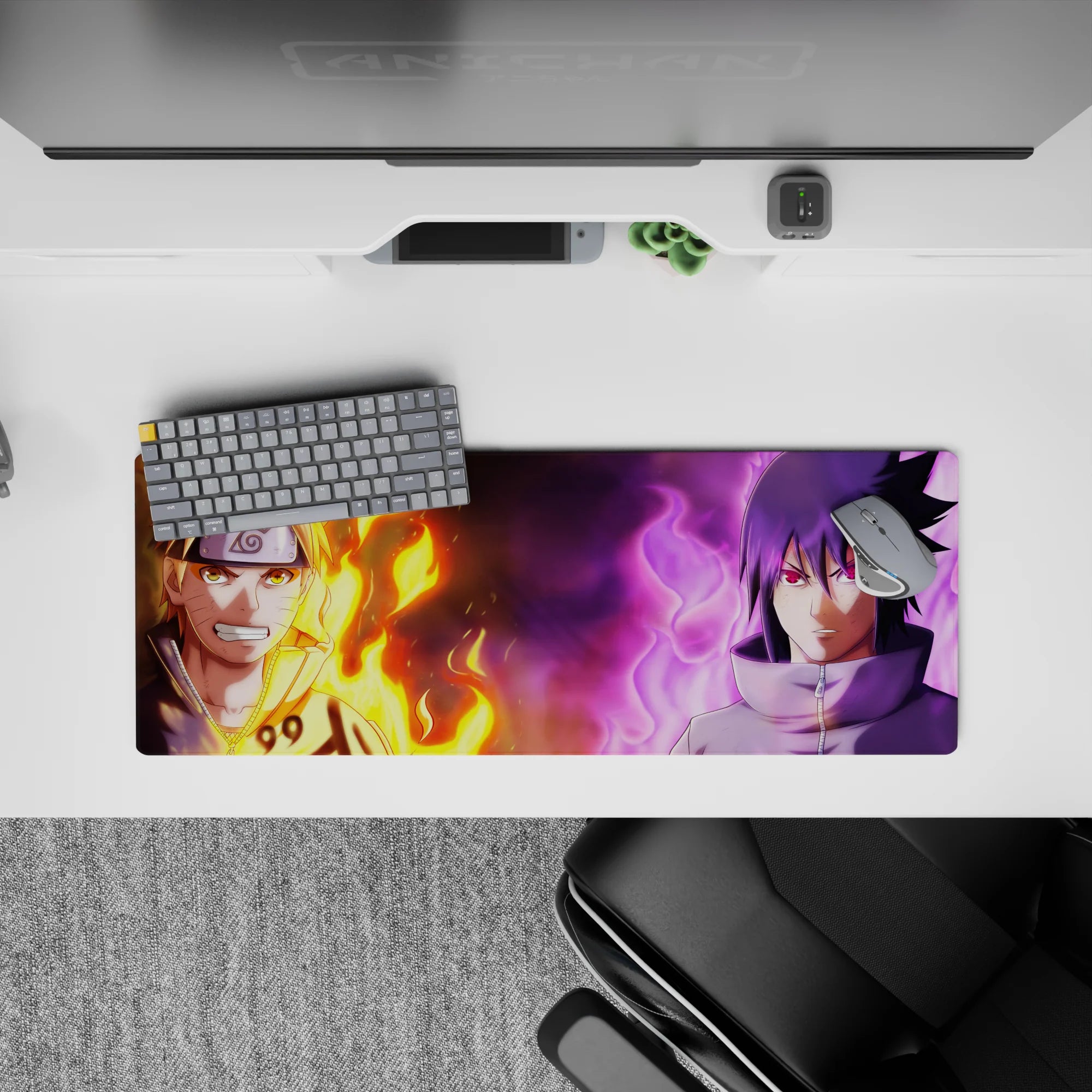 32x12 inches anime mouse pad with hot orange flames vs cool purple aura, balanced calm and spark.