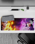32x12 inches anime mouse pad with hot orange flames vs cool purple aura, balanced calm and spark.