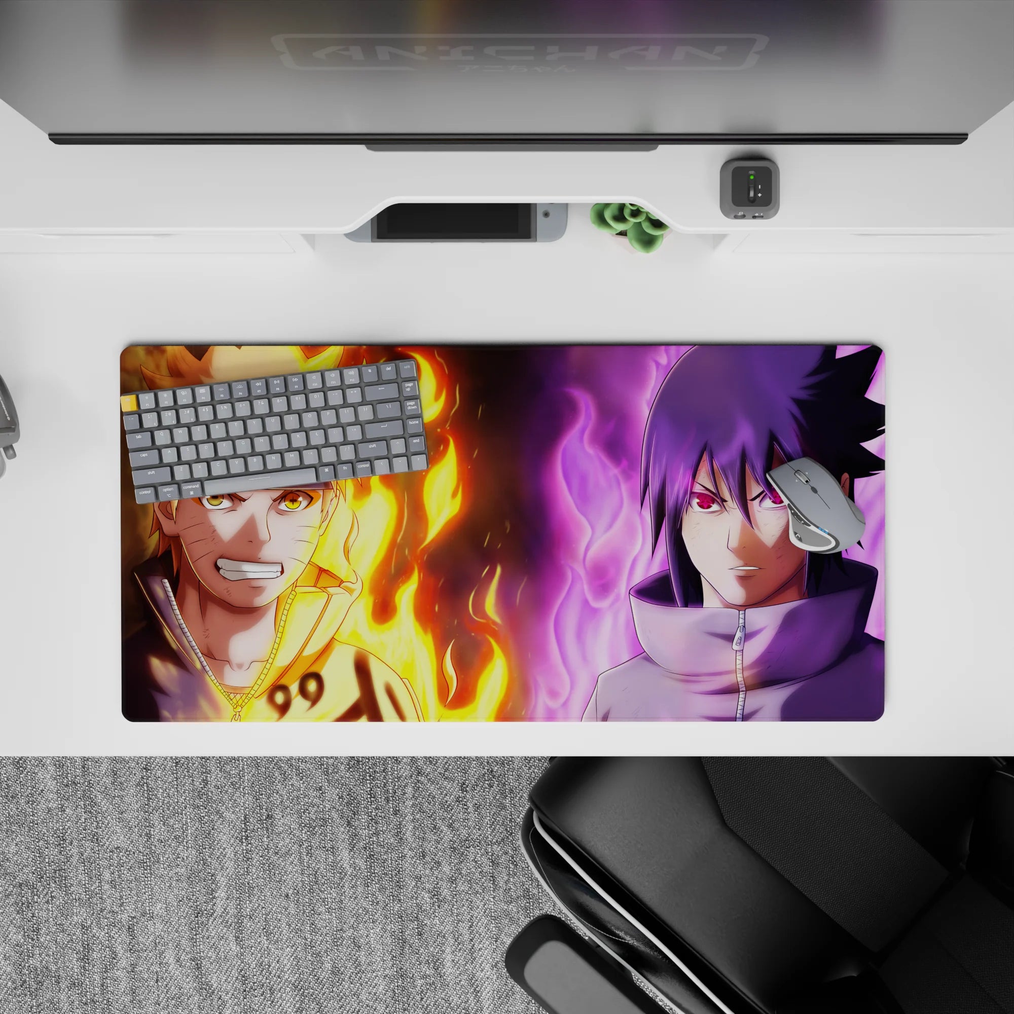 32x16 inches anime mouse pad with orange flames and purple aura, intense rivalry vibe, smooth tracking.