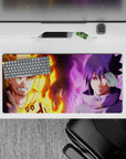 32x16 inches anime mouse pad with orange flames and purple aura, intense rivalry vibe, smooth tracking.