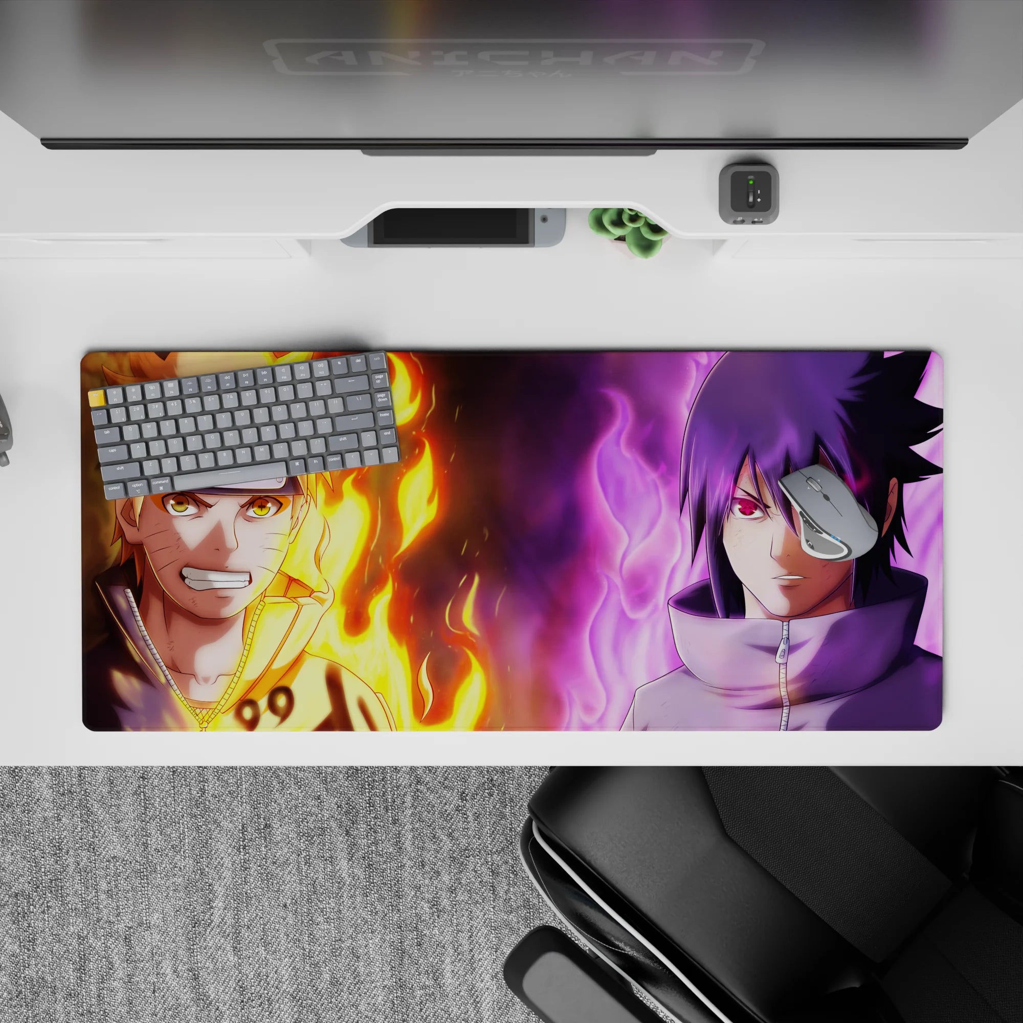 36x16 inches extended mouse pad in fiery orange vs deep purple, calm-and-spark rivalry vibe.