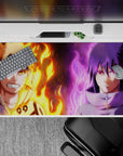 40x20 inches anime mouse pad in hot orange flames and cool purple aura, balanced calm and spark.