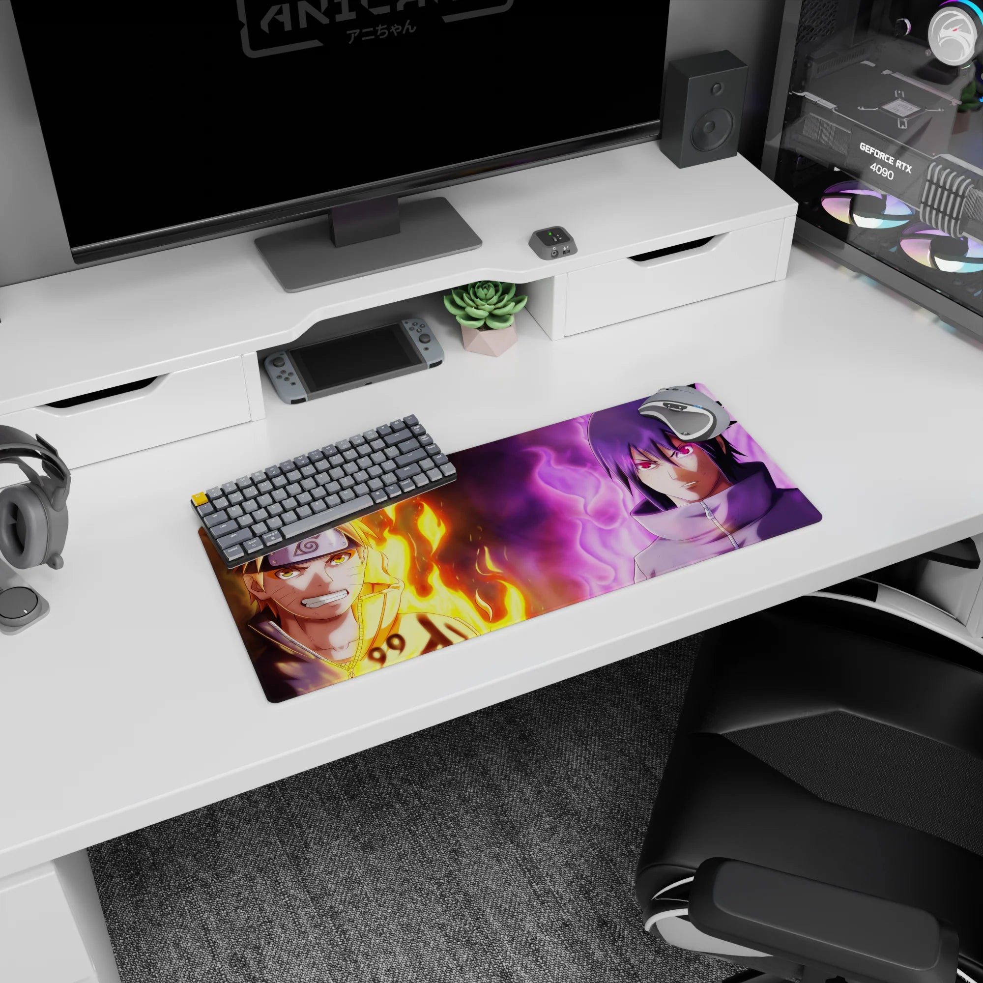 28x12 inches Naruto vs Sasuke desk mat with Leaf headband detail and Sasuke high collar face-off.