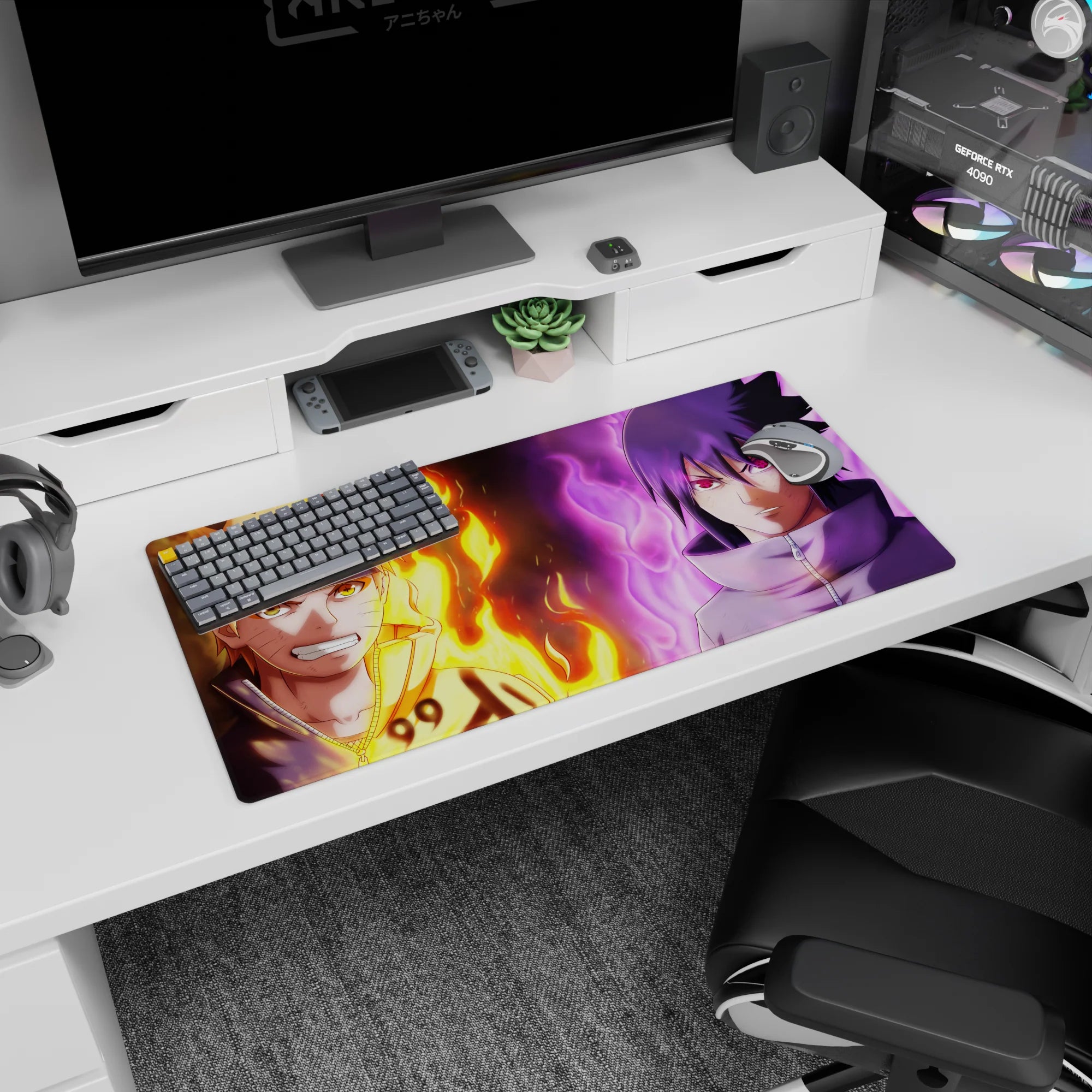 32x16 inches Naruto Uzumaki and Sasuke Uchiha mouse pad, Leaf headband and high collar face-off.