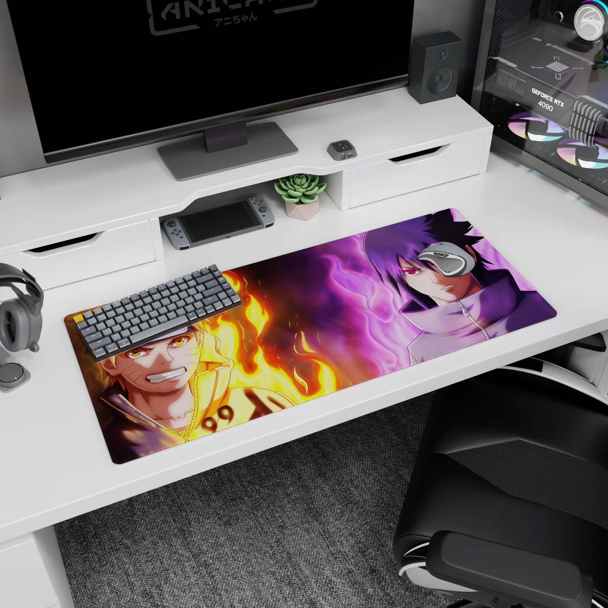 36x16 inches Naruto Uzumaki and Sasuke Uchiha desk mat, flames vs purple aura split sky scene.