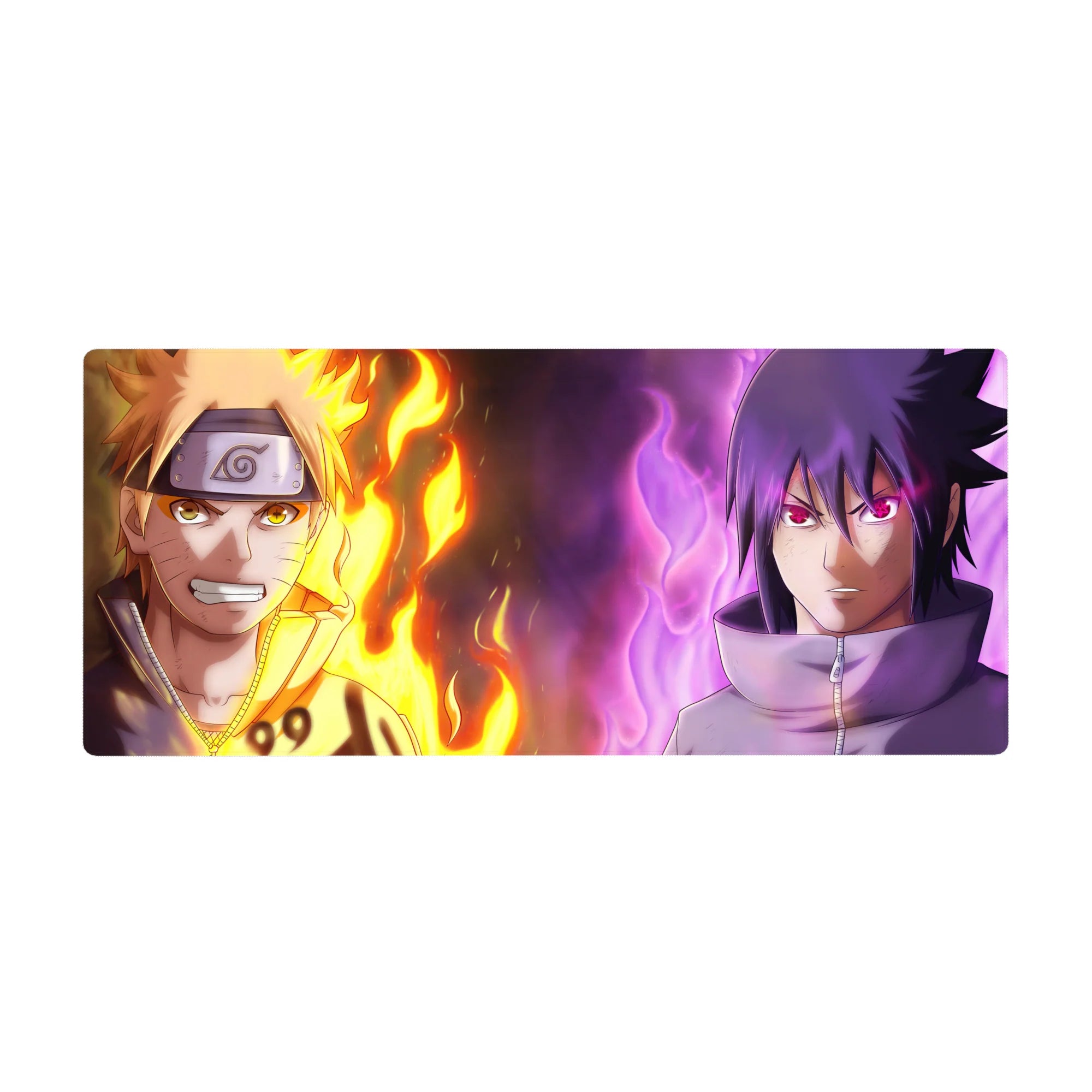 36x16 inches anime desk pad with Naruto vs Sasuke split-energy artwork, detailed faces and headband.