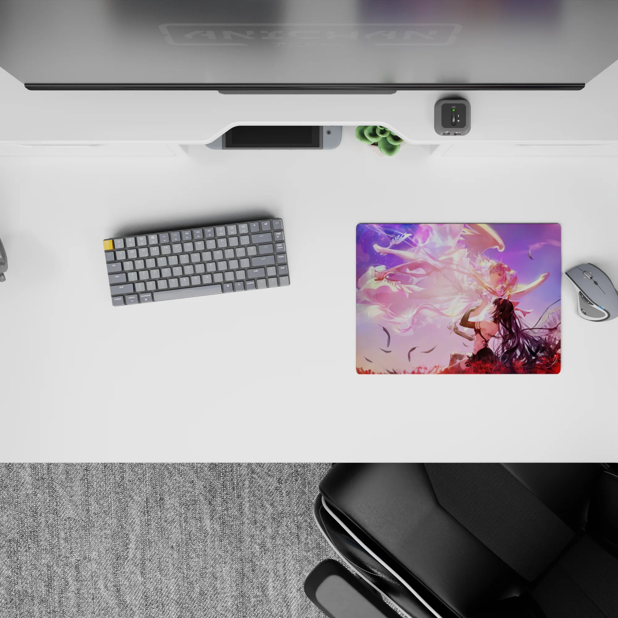14x10 inches anime desk mouse pad in pink, purple and sunset peach haze, dreamy late-night vibe.