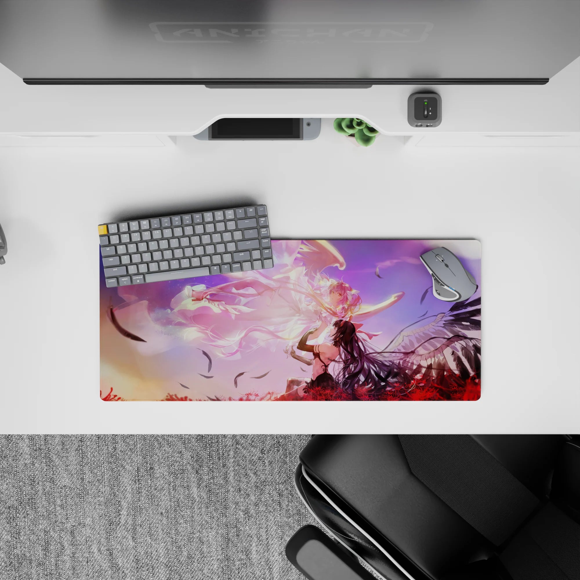 28x12 inches anime desk pad in dreamy pinks, purples, and peach haze with soft glowing angelcore mood.