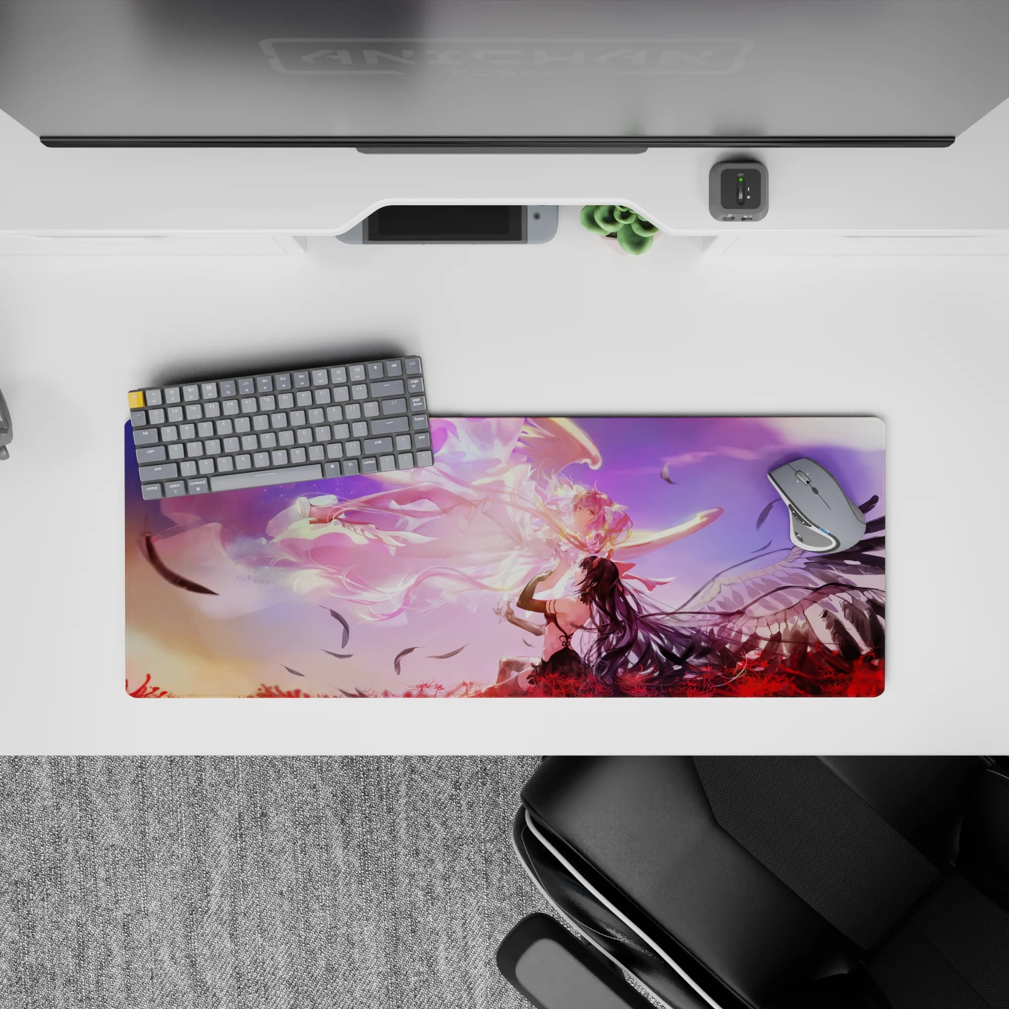 32x12 inches desk pad in dreamy purple-to-peach sunset haze with glowing whites and pinks, soft celestial mood.