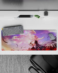 32x12 inches desk pad in dreamy purple-to-peach sunset haze with glowing whites and pinks, soft celestial mood.