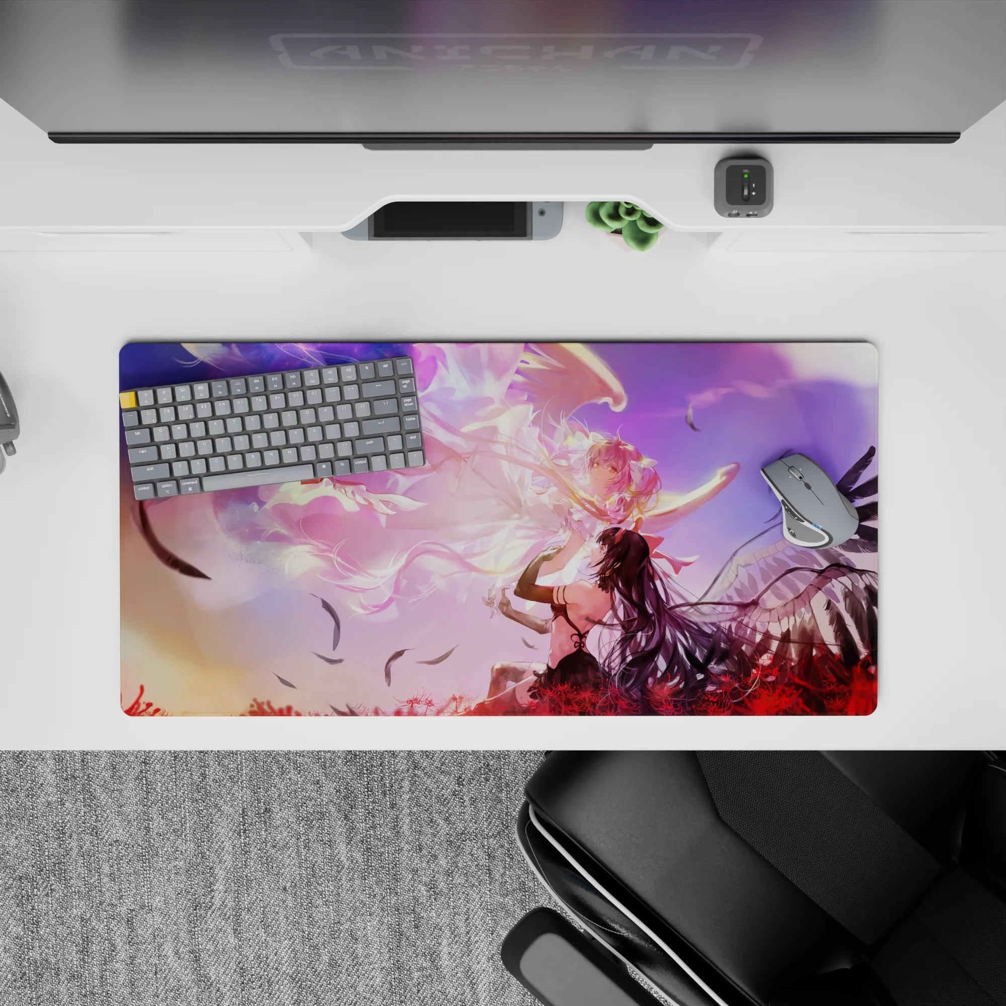 Anime desk pad 32x16 inches in purple-peach sunset haze, glowing pink-white angels, dreamy late-night mood.
