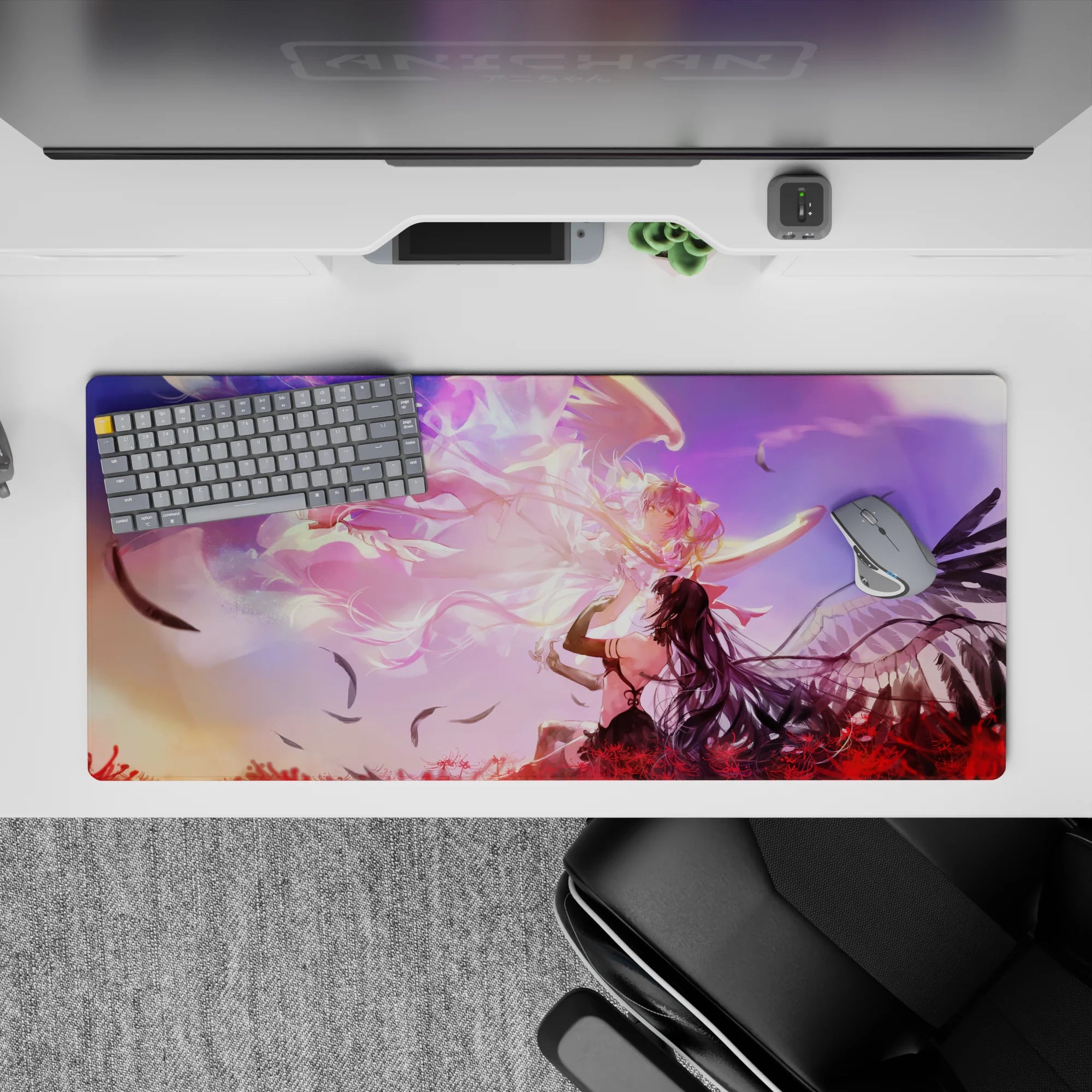Anime girl desk pad 36x16 inches in dreamy purple-peach haze with glowing pink highlights and soft clouds.