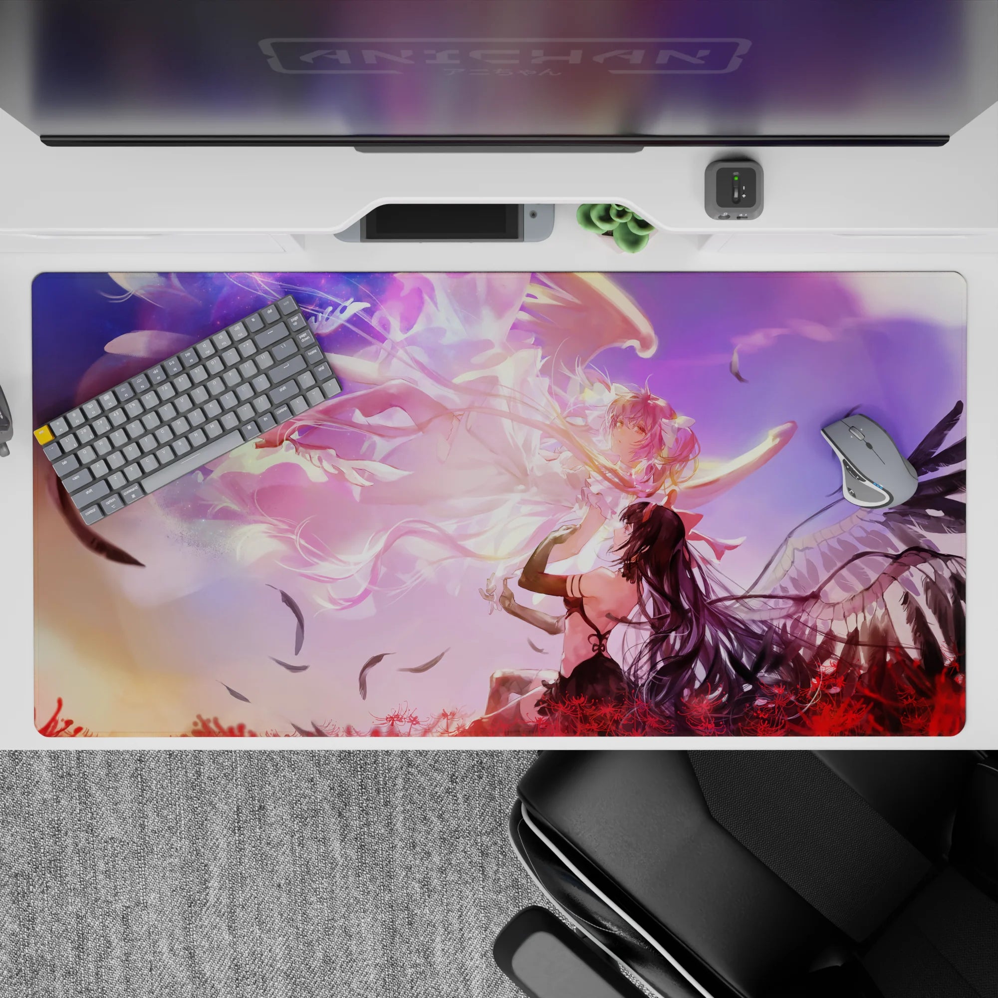 Pastel anime desk pad 40x20 inches in purple and peach sunset haze, dreamy and cozy for gaming.