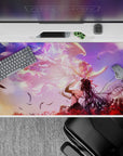 Pastel anime desk pad 40x20 inches in purple and peach sunset haze, dreamy and cozy for gaming.