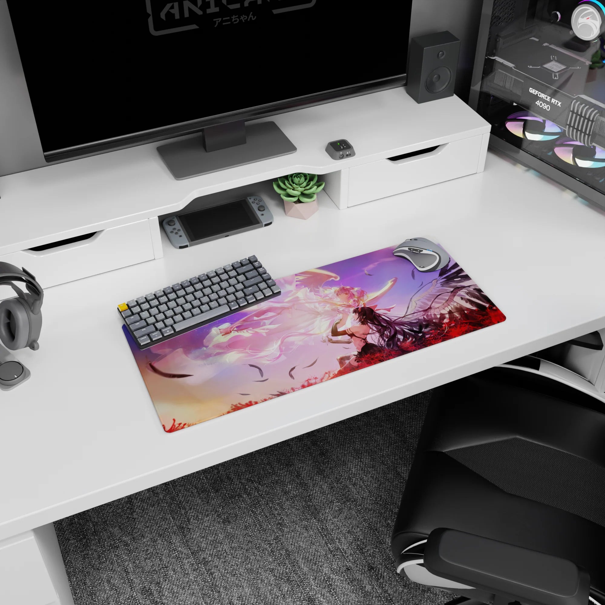 28x12 inches anime girl mouse pad showing a glowing angel girl facing a dark winged beauty above red lilies.