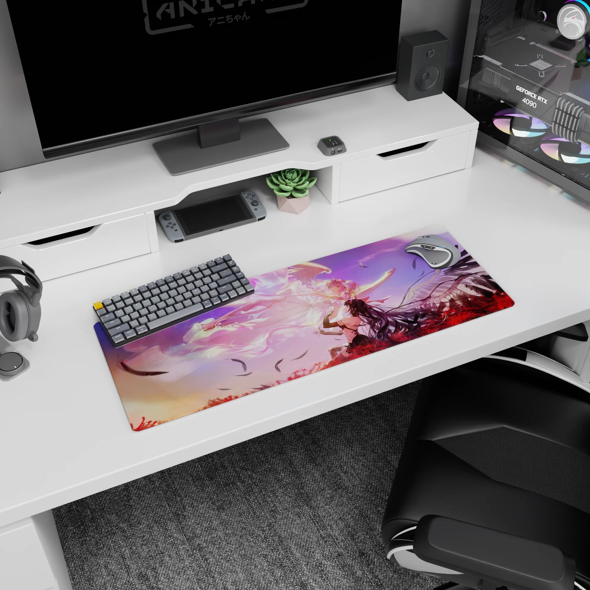 32x12 inches anime mouse pad showing angelic girl in white and pink facing a dark winged girl above lilies.