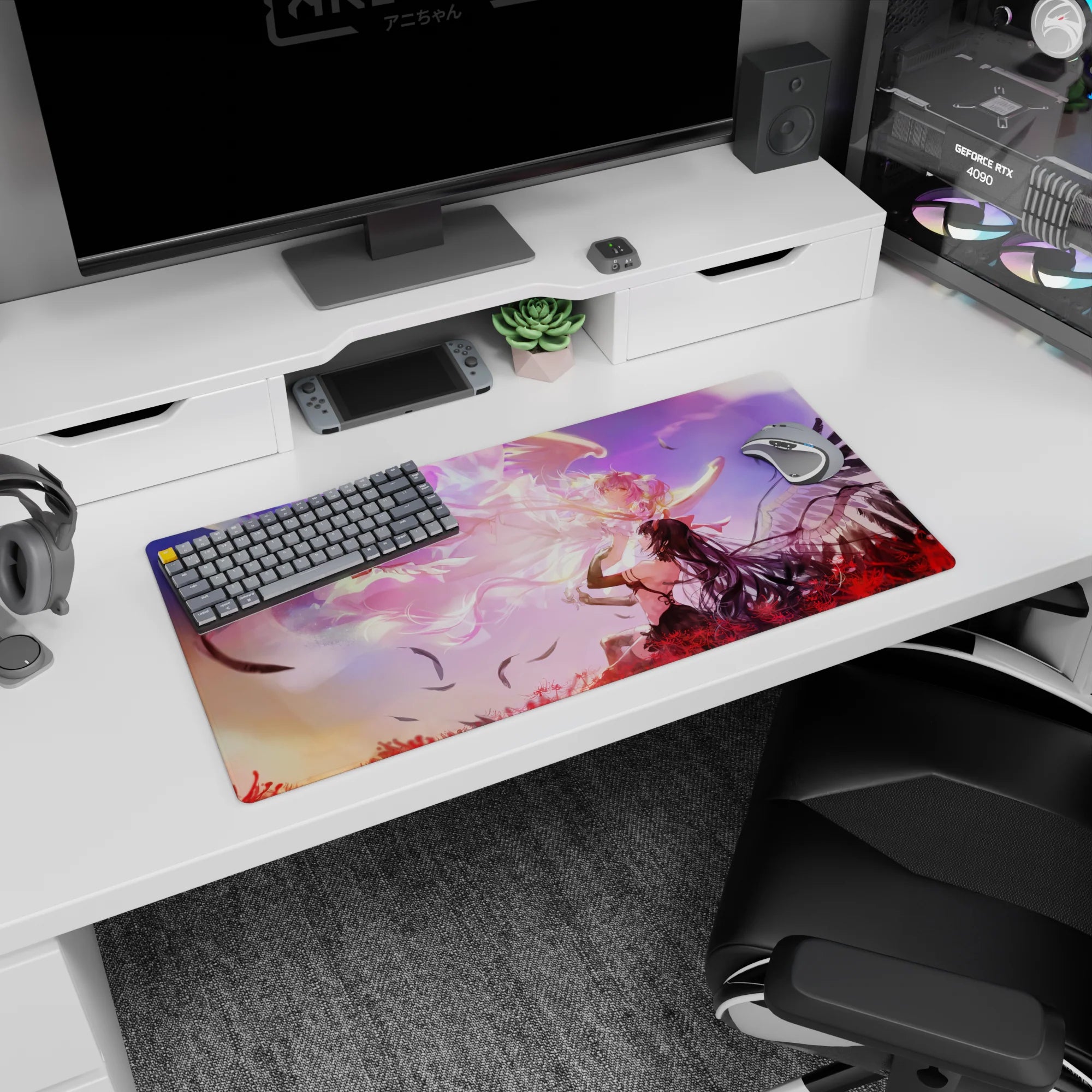 32x16 inches anime girl mouse pad showing an angelic girl facing a dark winged beauty above spider lilies.