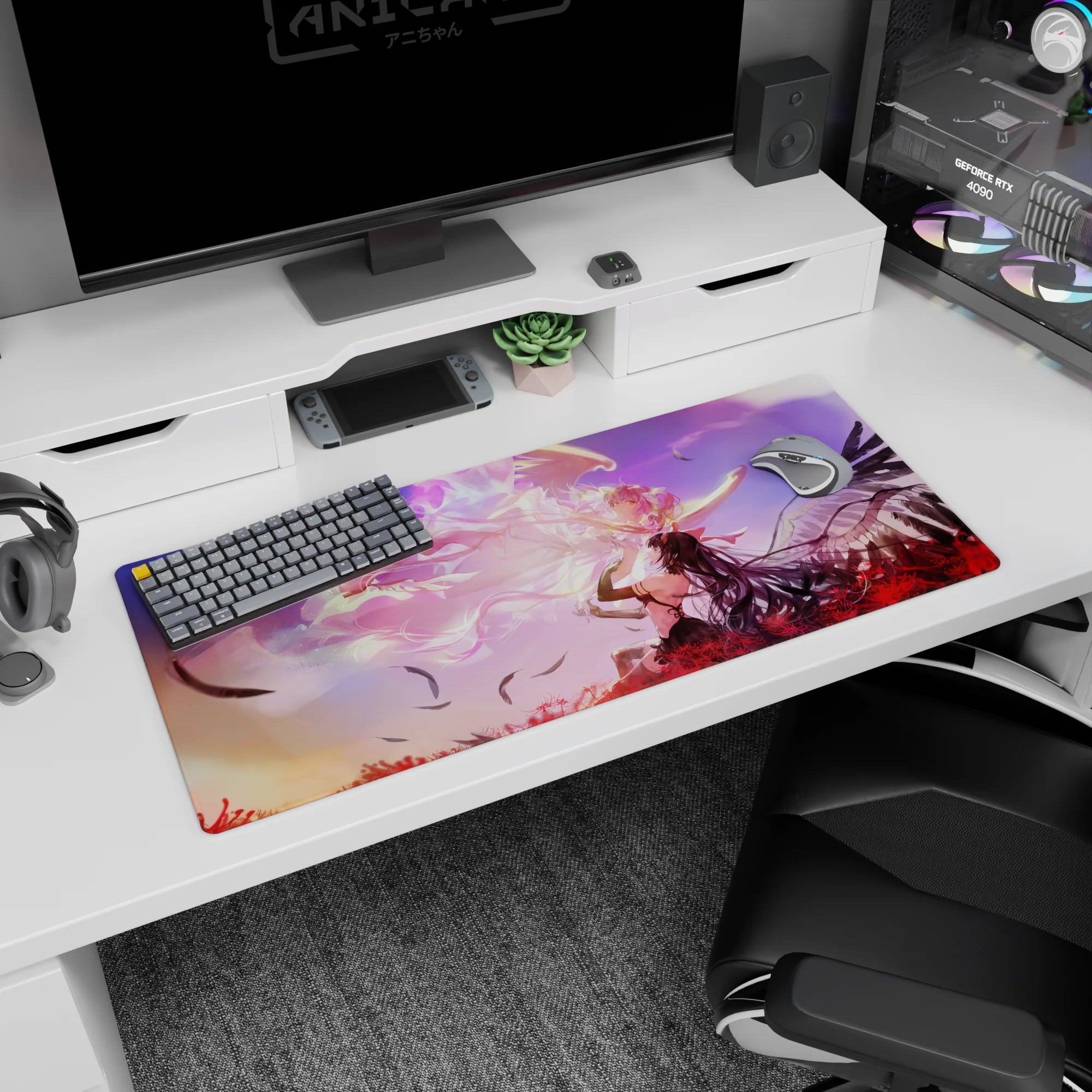 Anime girl desk pad 36x16 inches showing an angelic girl facing a dark winged beauty among lilies.