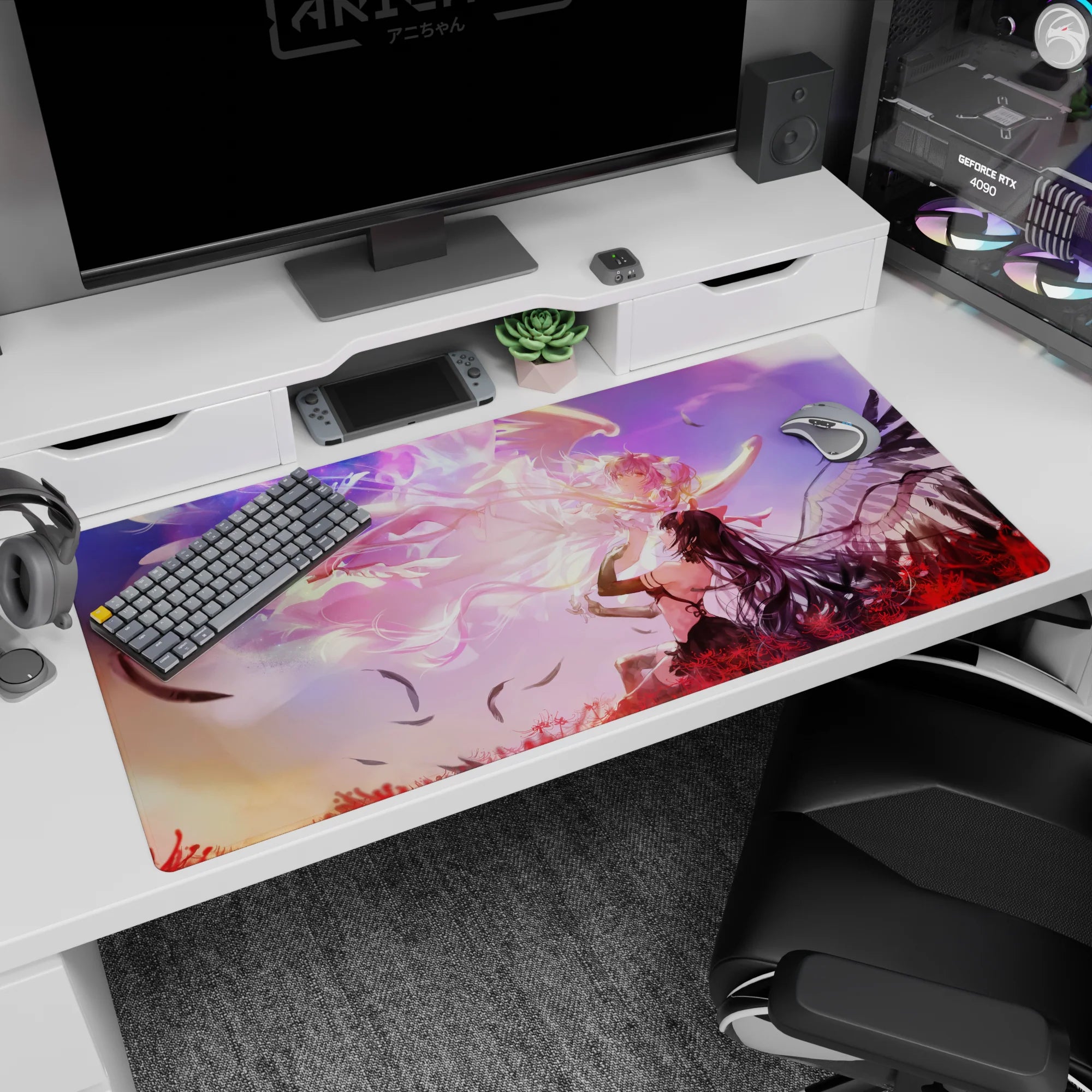 Anime girl desk pad 40x20 inches showing angelic girl facing a dark winged beauty above red spider lilies.