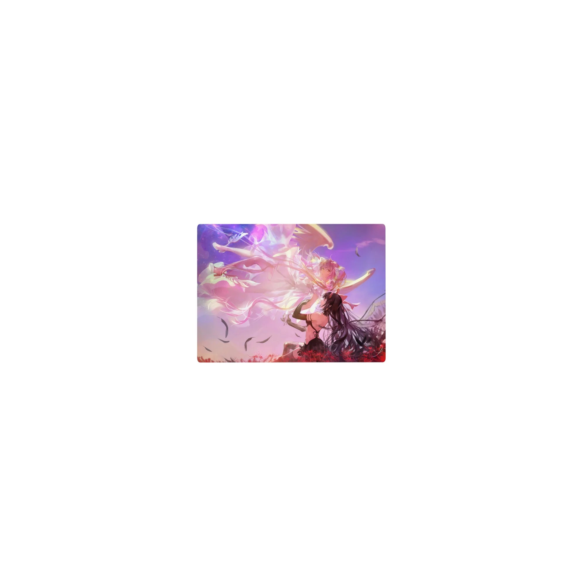 Classic anime girl mouse pad 14x10 inches with angel and dark-winged girl, cosmic swirls and lilies.