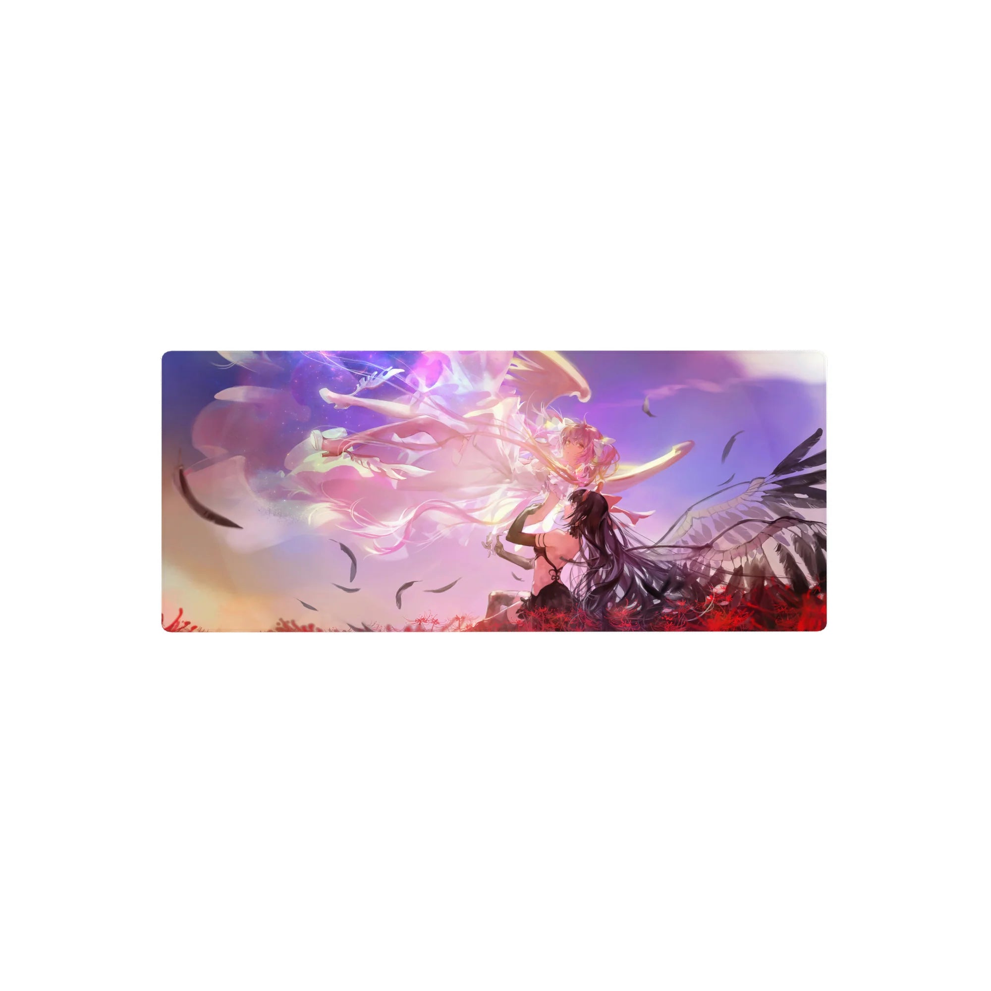 28x12 inches anime girl mouse pad with cosmic swirls, feathers, spider lilies, and sunset cloud backdrop.
