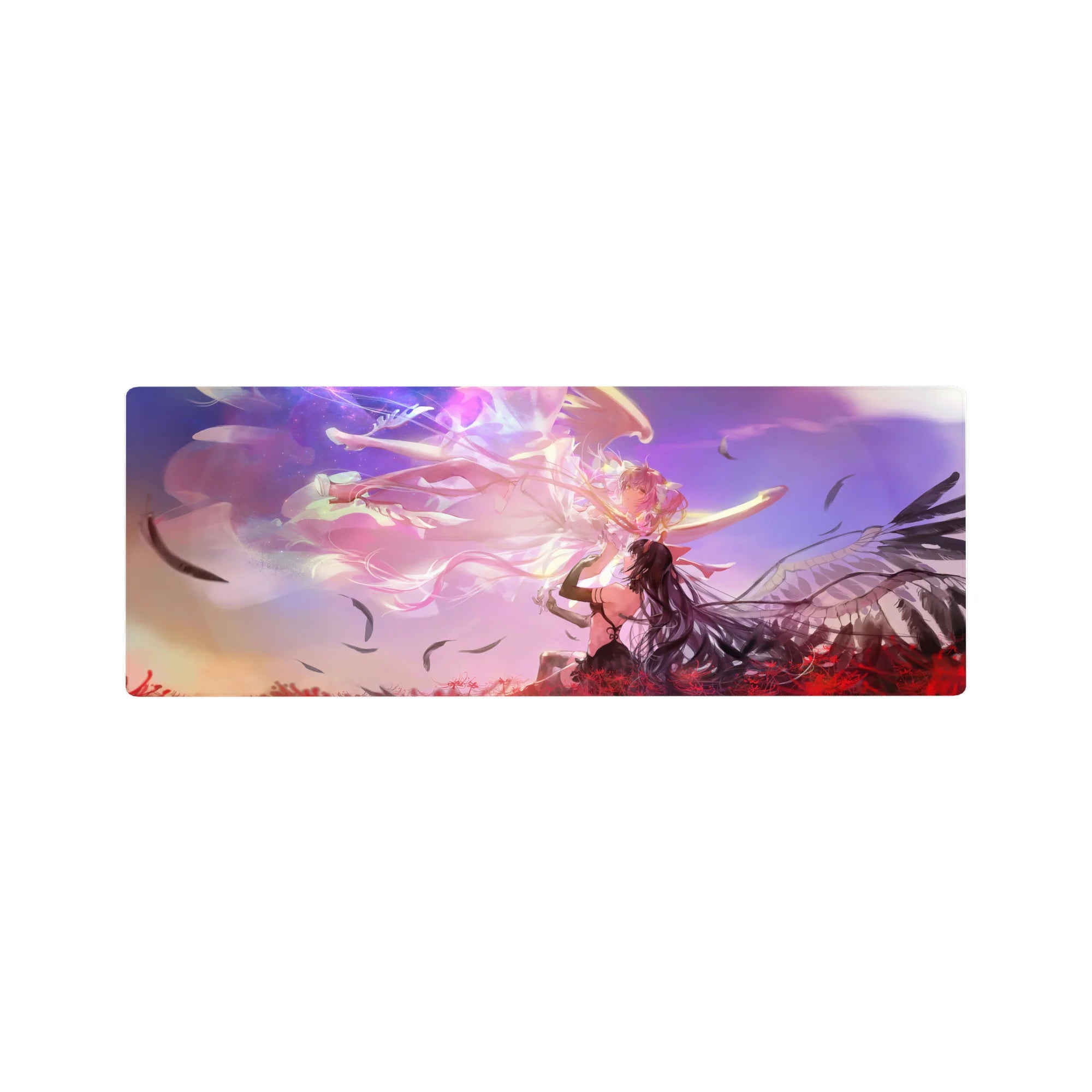 32x12 inches anime girl mouse pad with cosmic swirls, feathers, sunset clouds, and red spider lilies.