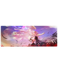 32x12 inches anime girl mouse pad with cosmic swirls, feathers, sunset clouds, and red spider lilies.