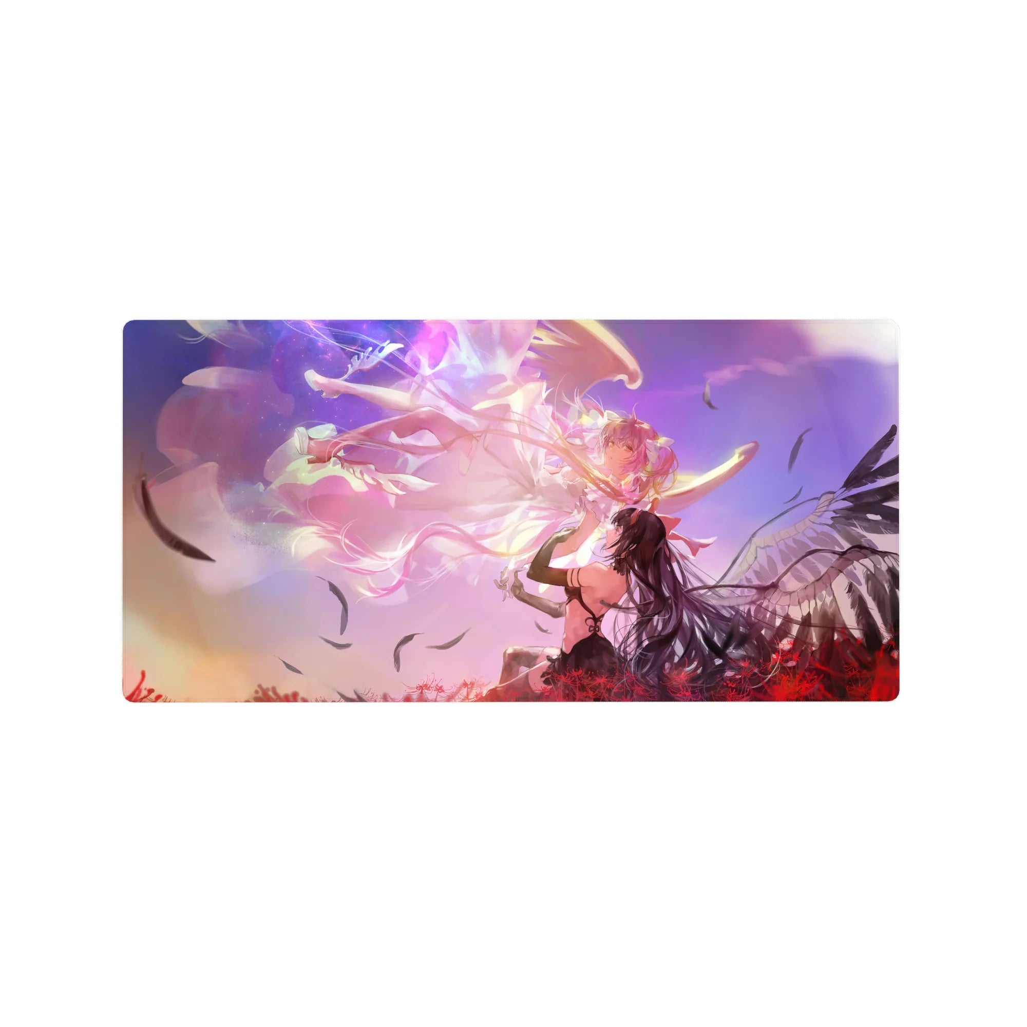Anime girl mouse pad 32x16 inches with cosmic swirls, feathers, sunset clouds, and red spider lilies.