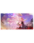 Anime girl mouse pad 32x16 inches with cosmic swirls, feathers, sunset clouds, and red spider lilies.