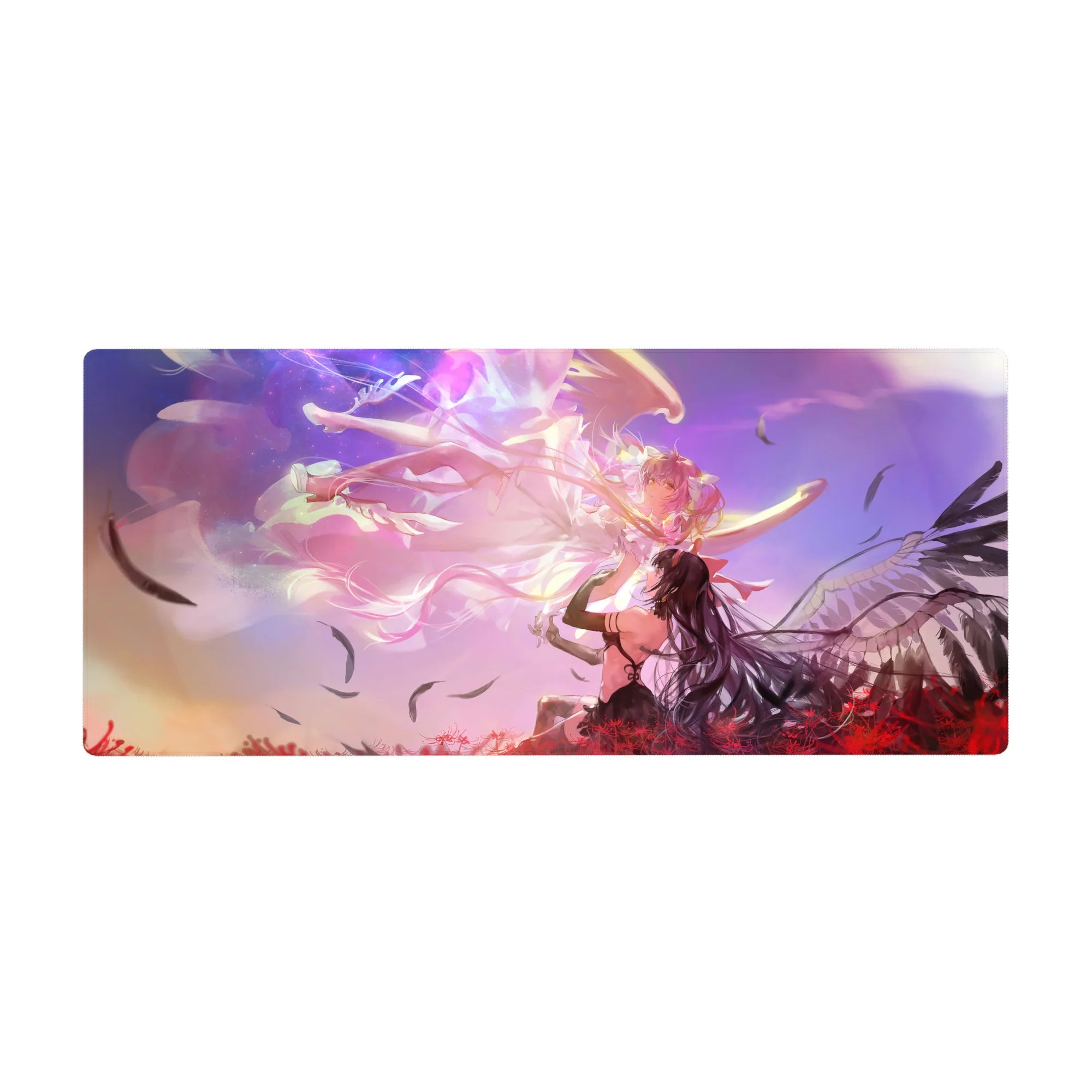 Anime girl desk pad 36x16 inches with cosmic swirls, feathers, and red spider lilies on a sunset sky.