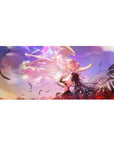 Anime girl desk pad 36x16 inches with cosmic swirls, feathers, and red spider lilies on a sunset sky.