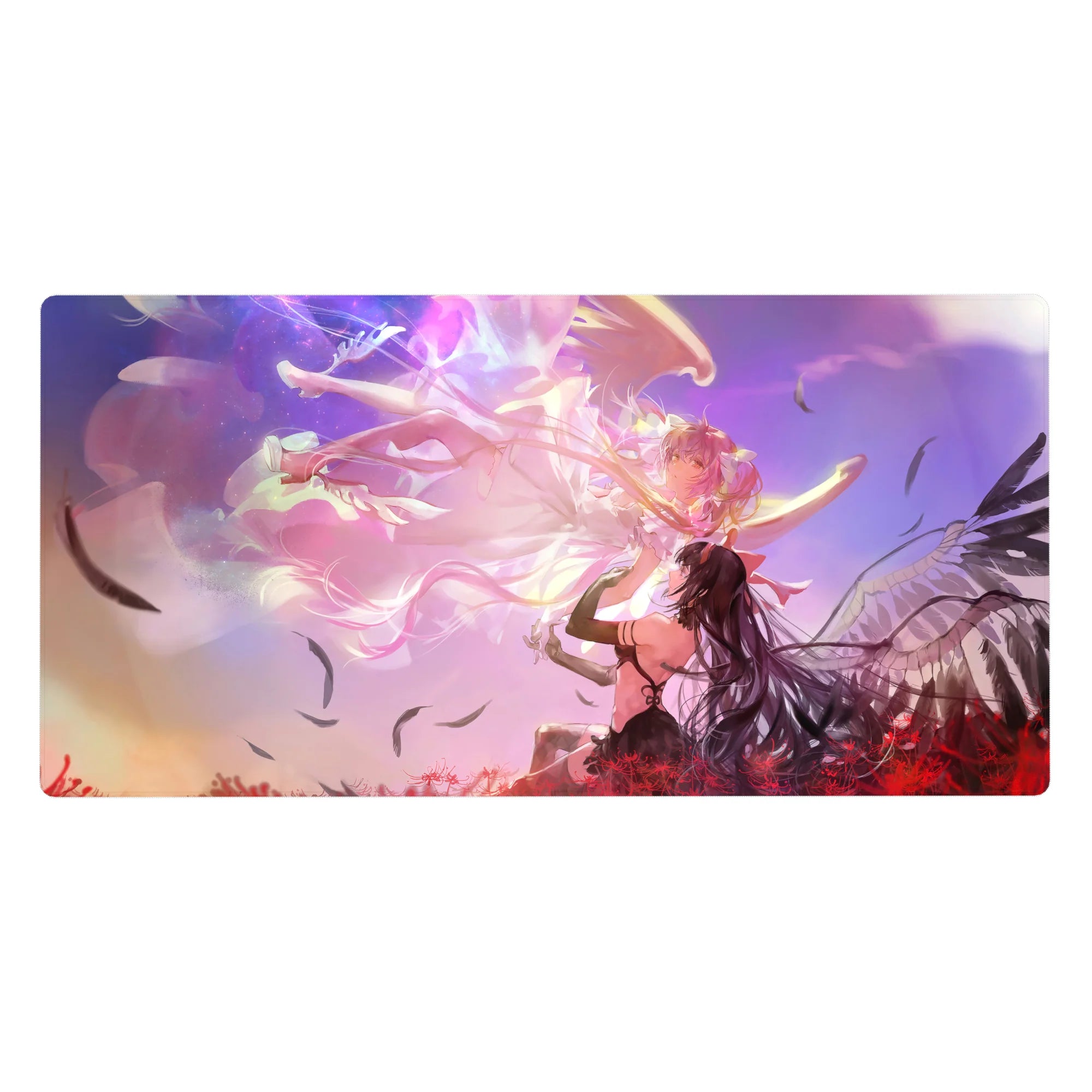 Anime girl desk pad 40x20 inches with cosmic swirls, feathers, sunset clouds, and spider lilies.
