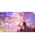Anime girl desk pad 40x20 inches with cosmic swirls, feathers, sunset clouds, and spider lilies.