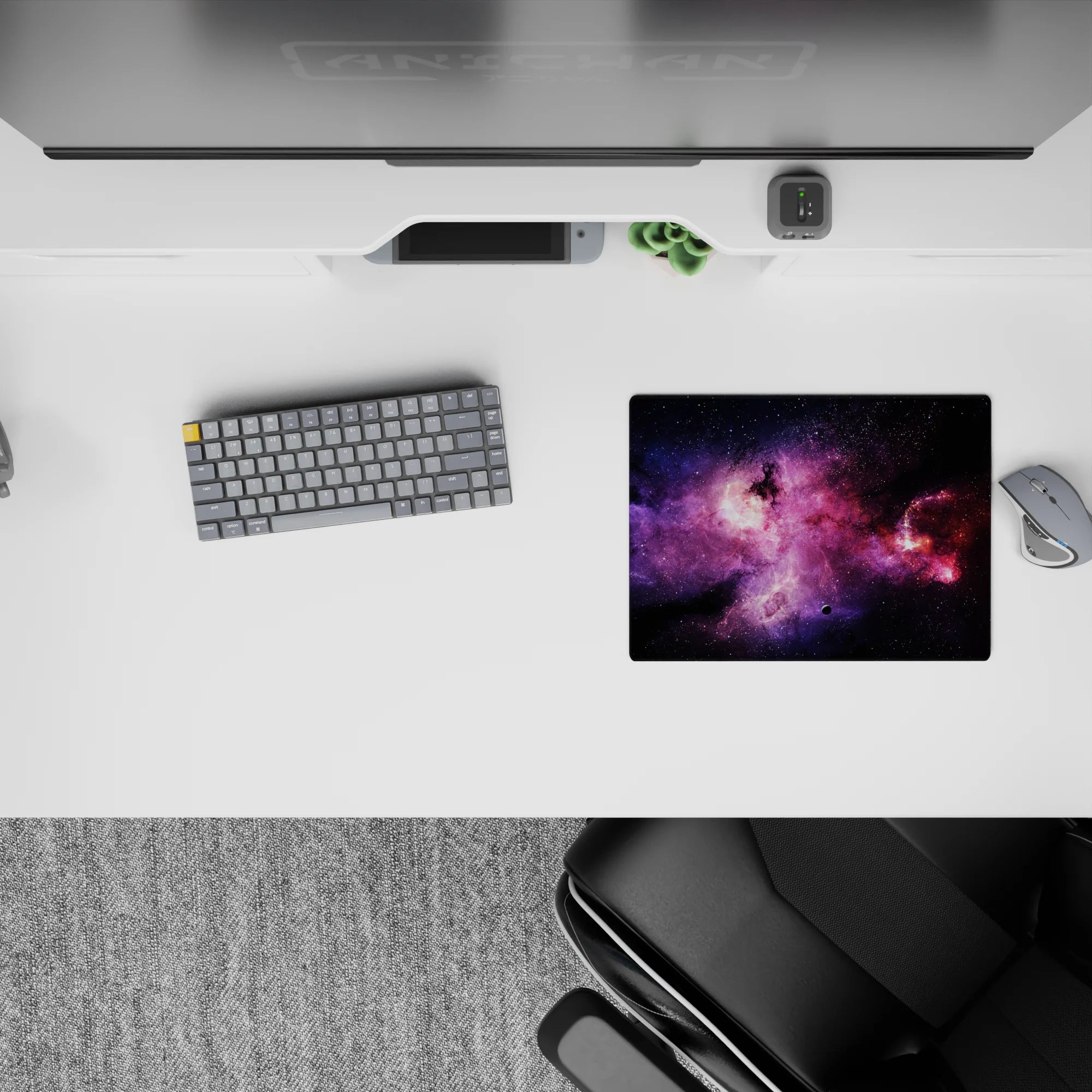 Dreamy violet haze with electric blue and magenta clouds on a sleek dark mouse pad, 14x10 inches.
