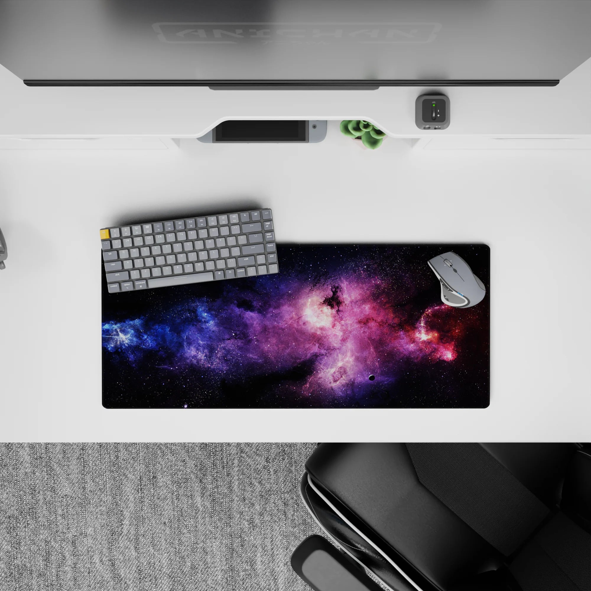 Dreamy violet haze and electric blue mouse pad 28x12 inches with magenta clouds for late-night vibes.