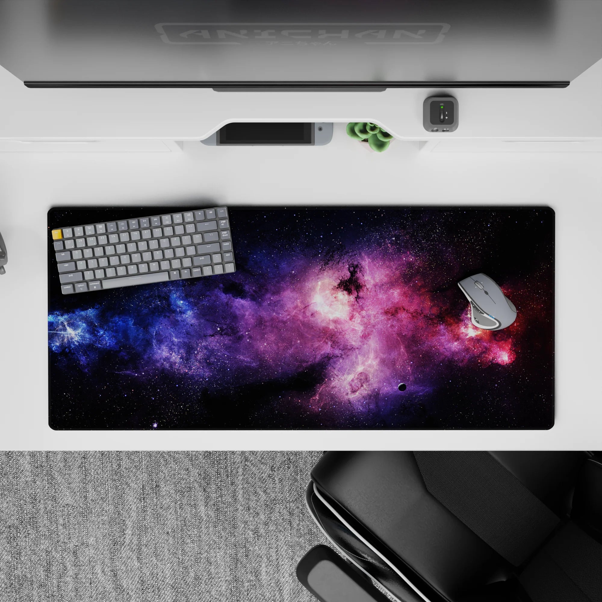 Cosmic desk pad 36x16 inches in violet haze, electric blues, and magenta clouds for a dreamy late-night mood.