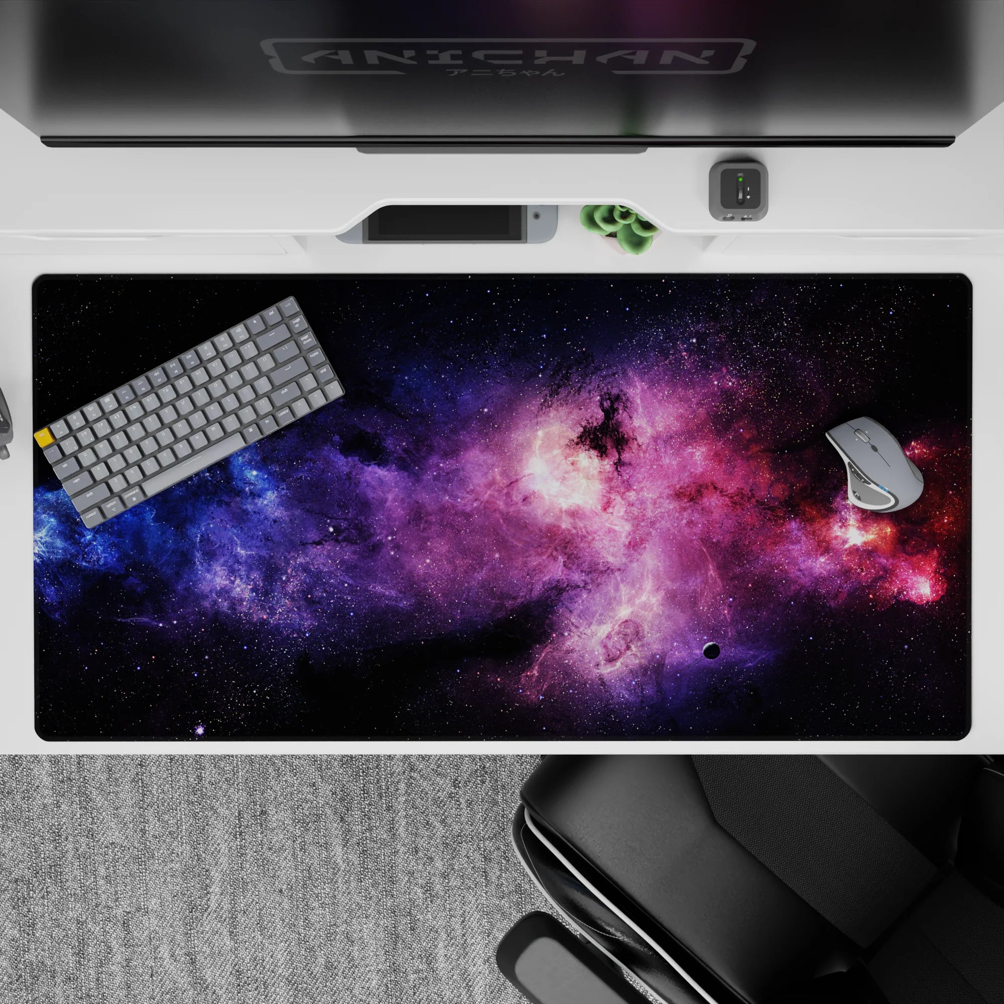 Dark space desk pad 40x20 inches in violet haze with electric blues and magenta clouds.