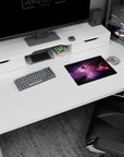 Cosmic window scene with inky space, glowing nebula clouds, and tiny stars mouse pad, 14x10 inches.