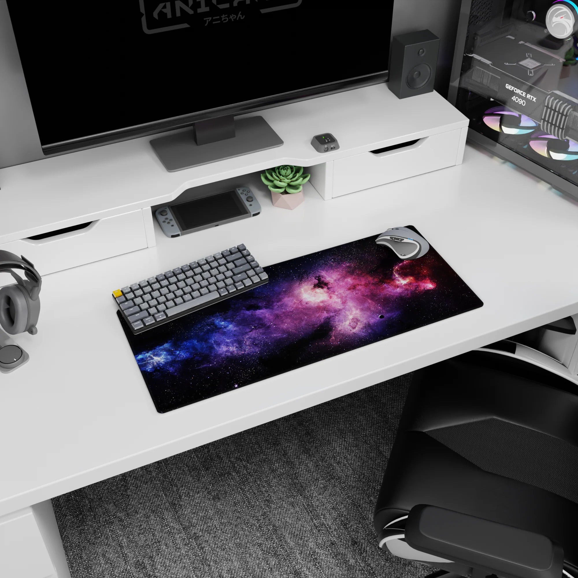Inky space nebula scene mouse pad 28x12 inches, like a window to the cosmos with tiny star specks.