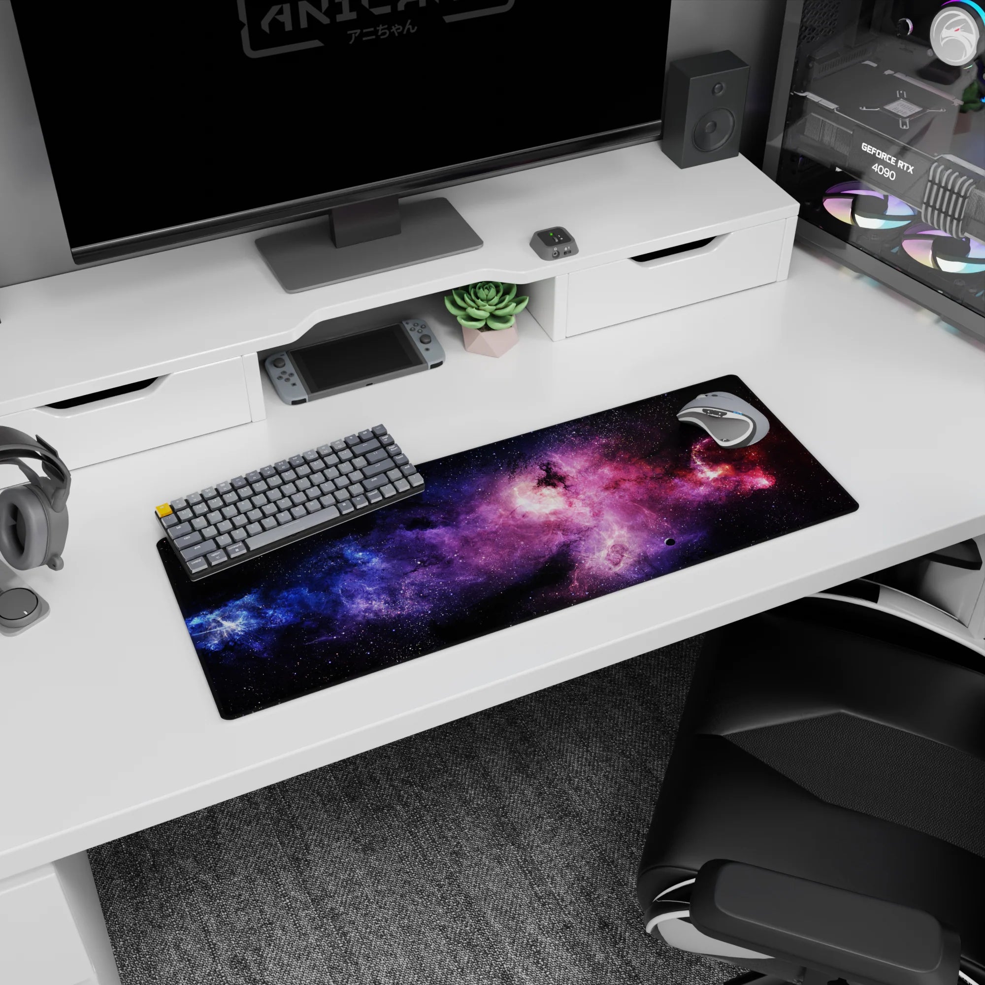 Cosmic window scene mouse pad 32x12 inches showing magenta clouds and tiny stars over a dark backdrop.