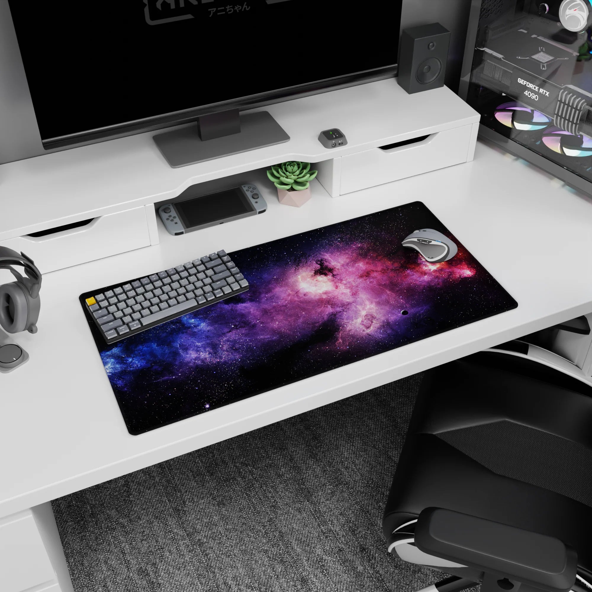 Cosmic window scene mouse pad 32x16 inches featuring inky space, magenta clouds, and tiny stars.