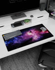 Cosmic window scene mouse pad 32x16 inches featuring inky space, magenta clouds, and tiny stars.