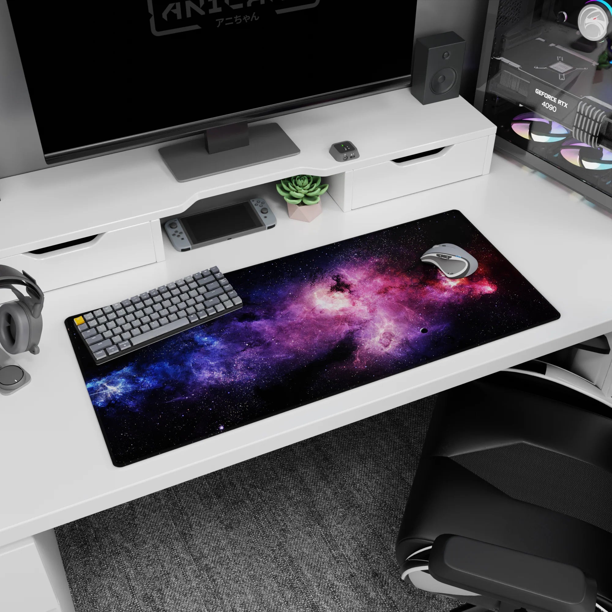 Space window desk pad 36x16 inches featuring a starry nebula scene with glowing swirls across the surface.