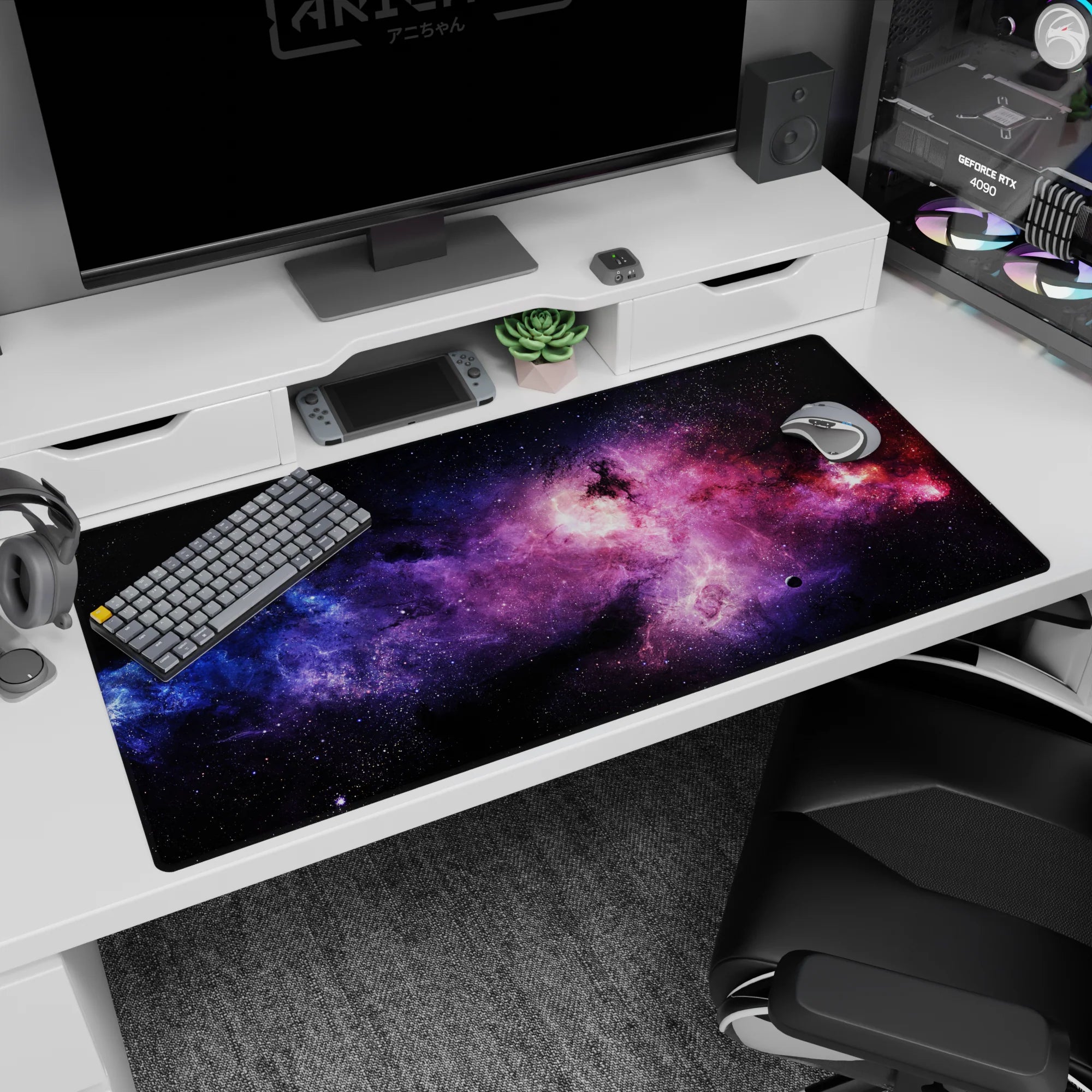Nebula window scene desk pad 40x20 inches with glowing galactic clouds and tiny star specks.